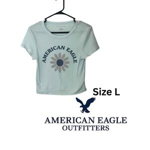 American Eagle Outfitters Tee Light Blue Graphic Retro Cropped in L EUC